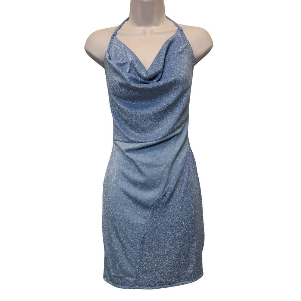 Naked Wardrobe Bodycon Mini Dress XL Blue Metallic Cowl Halter Party Glam